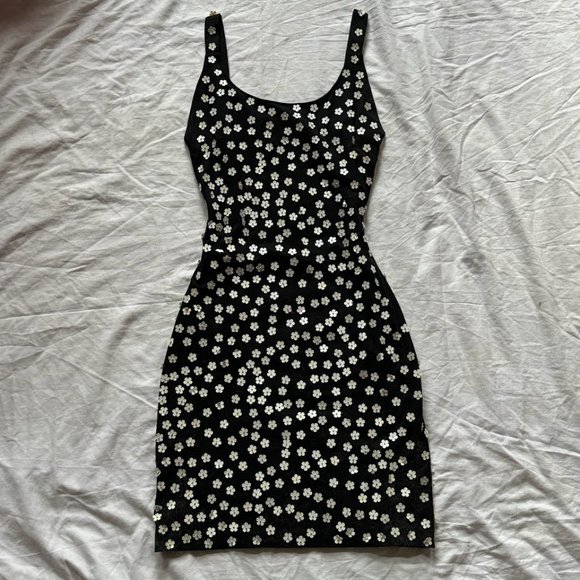 Sold! - Pearlescent Daisy Appliqué Black Bodycon Dress - Picture 1 of 3